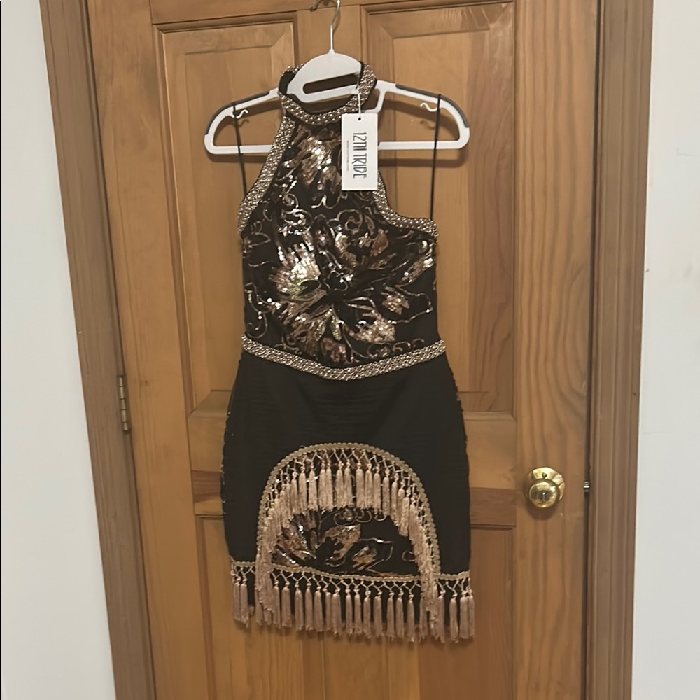 12th tribe Black and Gold Sequin Halter Dress